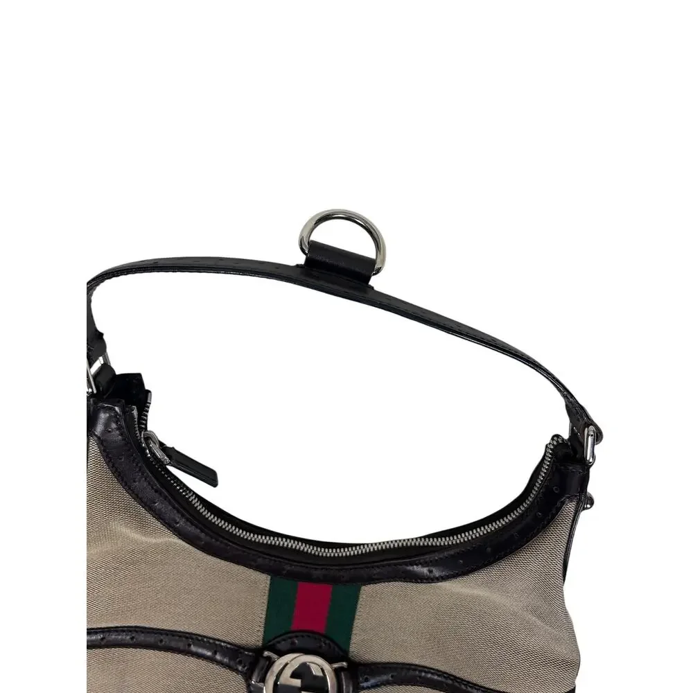 Gucci Tan Canvas GG Emblem Red Green Stripe Brown Leather Trim Web Reins Handbag